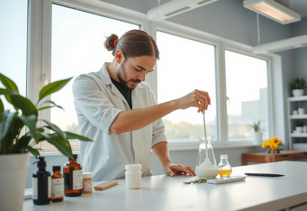 Processo di produzione cosmetica in un laboratorio pulito con strumenti naturali