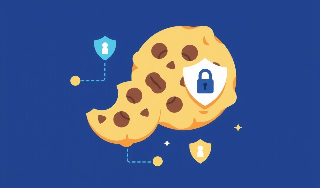 Una raffinata illustrazione di un biscotto digitale con icone di privacy e sicurezza, che simboleggia i cookie del sito web e la loro gestione sicura.