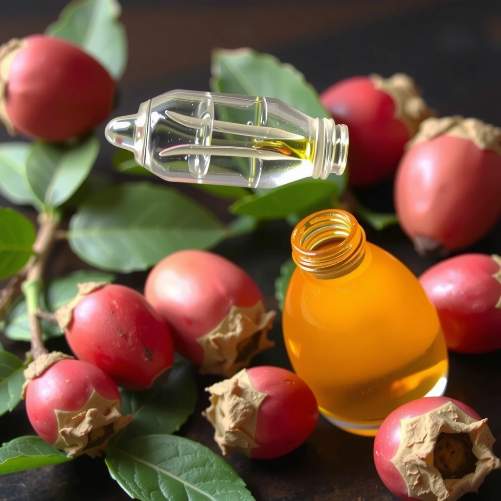 Olio di Rosa Mosqueta in una piccola bottiglia su sfondo botanico